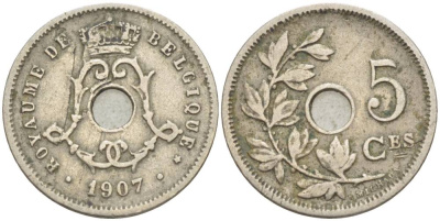 БЕЛЬГИЯ 5 САНТИМОВ 1907 BELGIQUE KM 54 медно-никель 4551-917
