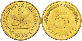 ФРГ 5 ПФЕННИГОВ 1985 D KM 107, J. 382 сталь плакированная латунью 3996-1167