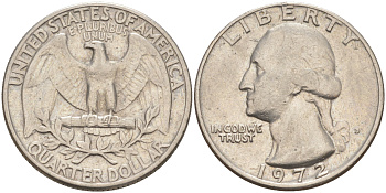 США 25 центов (квотер) 1972 D, Вашингтон KM 164a медь плакированная медно-никелем 4114-757