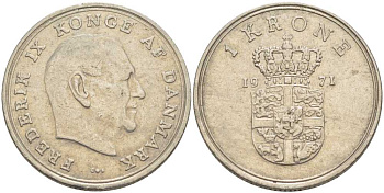 ДАНИЯ 1 КРОНА 1971 C; S, ФРЕДЕРИК IX (1947-1972) KM 851.1 медно-никель 95-1026