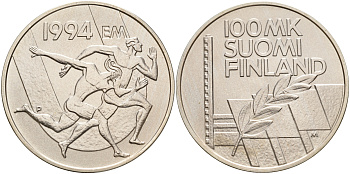Финляндия 100 марок 1994 стадион дружбы, бег KM 78 серебро UNC 1066-5-11