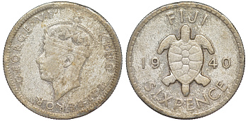 Фиджи 6 пенсов 1940 Георг VI (1936-1952), черепаха KM 11 серебро    91-417