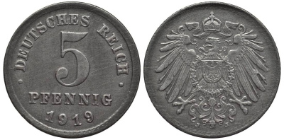 ГЕРМАНИЯ 5 ПФЕННИГОВ 1919 J KM 19, Jager 297, Weege 5 железо 4547-618