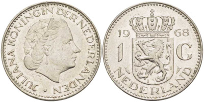 Нидерланды 1 гульден 1968 Юлиана (1948-1980) KM 184a никель 213-955