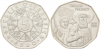 Австрия 5 евро 2009 200 лет со дня Тирольского восстания KM 3177 серебро UNC 1521-1113