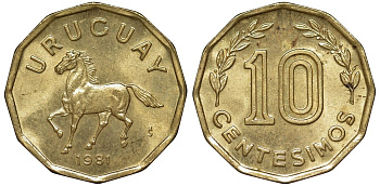 Уругвай 10 сентесимо 1981 KM 66 алюминиевая бронза 4169-554