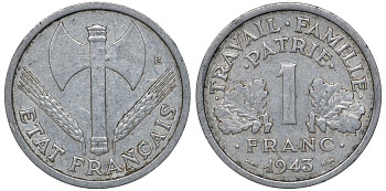 Франция 1 франк 1943 правительство Виши KM 902.1, Le Franc 223.3 алюминий 4163-424