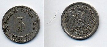 ГЕРМАНИЯ 5 ПФЕННИГОВ 1909 A, KM 11, J. 12 медно-никель 84-352