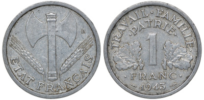 Франция 1 франк 1943 правительство Виши KM 902.1, Le Franc 223.3 алюминий 4163-424