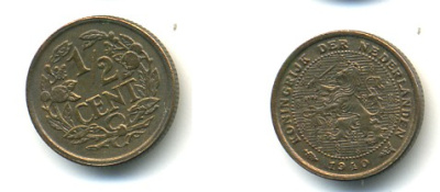 НИДЕРЛАНДЫ 1/2 ЦЕНТА 1940 ВИЛЬГЕЛЬМИНА (1890-1948) KM 138 бронза 84-913