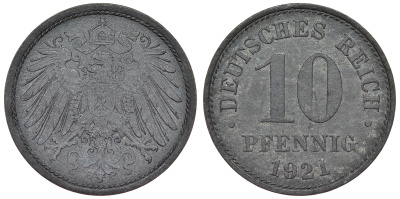 Германия 10 пфеннигов 1921 KM 26, J. 299, Weege 8 цинк 4119-313