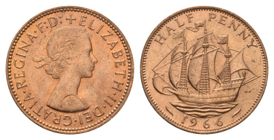 Великобритания 1/2 пенни 1966 Елизавета II (1952-2022) KM 896, Spink 4158 бронза UNC 4119-1227