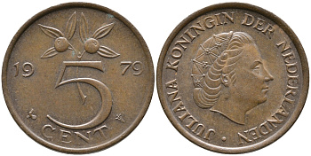 Нидерланды 5 центов 1979 Юлиана (1948-1980) KM 181 бронза 65-1235