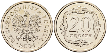 Польша 20 грошей 2004 MW KM 280, Parchimowicz 705l медно-никель UNC 02-264-35