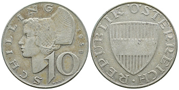 Австрия 10 шиллингов 1958 KM 2882 серебро 4381-424