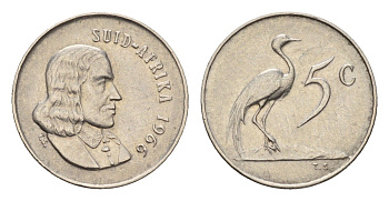 ЮАР 5 центов 1966 Ян ван Рибек (1619-1677), Suid Africa, легенда на африкаанс, райский журавль KM 67.2 медно-никель 4643-114