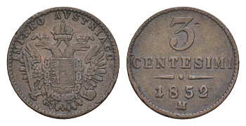 Ломбардия-Венеция 3 чентезимо 1852 M, Франц Иосиф I (1848-1916) C 30.1 медь 1518-235