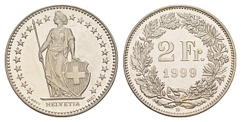 Швейцария 2 франка 1999 редкий год KM 21a медно-никель UNC 4652-513