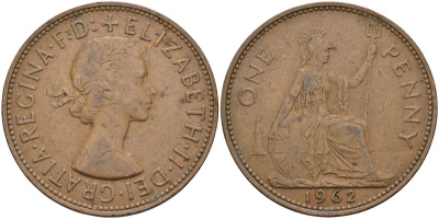 Великобритания 1 пенни 1962 Елизавета II (1952-2022) KM 897, Spink 4157 бронза 4117-845