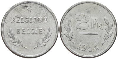 БЕЛЬГИЯ 2 ФРАНКА 1944 BELGIQUE-BELGIE, ВЫПУСК США KM 133 сталь плакированная цинком 31-1236