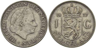 Нидерланды 1 гульден 1957 Юлиана (1948-1980) KM 184 серебро 98-1133