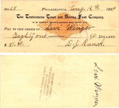 США чек на 81,60 долларов 1899 Филадельфия бумага 2196-46-2-2