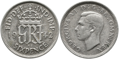 Великобритания 6 пенсов 1942 Георг VI (1936-1952) KM 852, Spink 4084 серебро 4392-452