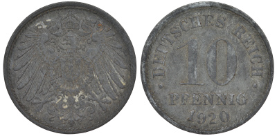 ГЕРМАНИЯ 10 ПФЕННИГОВ 1920 KM 26, J. 299 цинк 45-1263