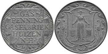 НИДЕРЛАНДЫ ЖЕТОН ND ХЁЙЗЕН ГАЗ ПФЕННИГ, ГАЗОВАЯ ФАБРИКА HUIZEN N.H., ДИАМЕТР 23,5 ММ. цинк 65-1047