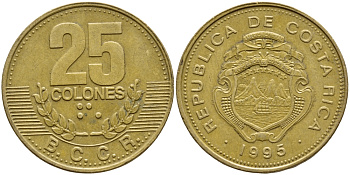 КОСТА-РИКА 25 КОЛОН 1995 B.C.C.R., ГОД ТИП KM 229 сталь плакированная латунью 56-413