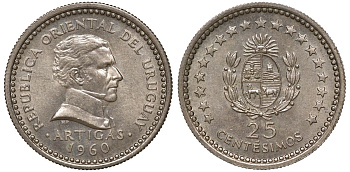 Уругвай 25 сентесимо 1960 KM 40 медно-никель 4169-1015