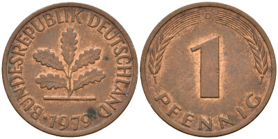 ФРГ 1 пфенниг 1979 D KM 105, J. 380 сталь плакированная медью    4598-562