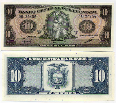 ЭКВАДОР 10 СУКРЕ 1988 Pick 121Аа бумага UNC (ПРЕСС) 7204-65-3