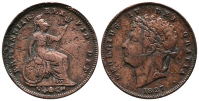 Великобритания 1/3 фартинга 1827 Георг IV (1820-1830) KM 703, Spink 3827 медь 1518-1015