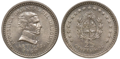 Уругвай 25 сентесимо 1960 KM 40 медно-никель 4169-1015
