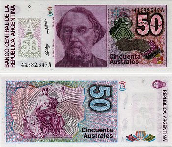 АРГЕНТИНА 50 АУСТРАЛЕЙ 1989 СЕРИЯ А 44582? БАРТОЛОМЕ МИТРЕ, АРГЕНТИНСКИЙ ПОЛИТИК, ПОЛКОВОДЕЦ Pick 326b бумага UNC (ПРЕСС) 7218-20-3