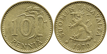 ФИНЛЯНДИЯ 10 ПЕННИ 1970 S KM 46 алюминиевая бронза 75-1651