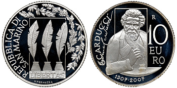 Сан-Марино 10 евро 2007 поэт Джозуэ Кардуччи, в оригинальной коробке, с сертификатом KM 475 серебро PROOF 1-4-6-16