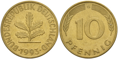 ФРГ 10 пфеннигов 1993 G J. 383, KM 108 сталь плакированная латунью    4603-651