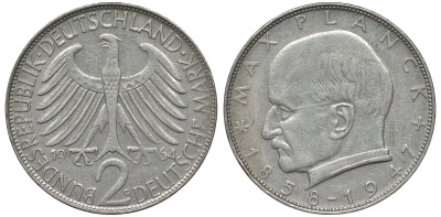 ФРГ 2 марки 1964 G, Макс Планк KM 116,  J. 392 медно-никель плакированный никелем 4681-732