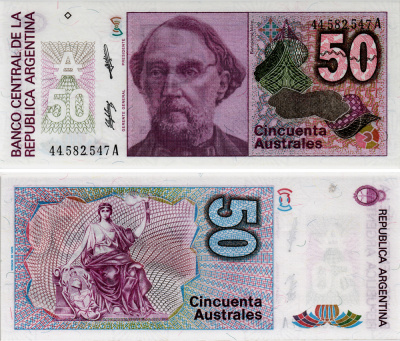 АРГЕНТИНА 50 АУСТРАЛЕЙ 1989 СЕРИЯ А 44582? БАРТОЛОМЕ МИТРЕ, АРГЕНТИНСКИЙ ПОЛИТИК, ПОЛКОВОДЕЦ Pick 326b бумага UNC (ПРЕСС) 7218-20-3
