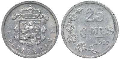 Люксембург 25 сантимов 1957 Шарлотта (1918-1964) KM 45a.1 алюминий 4164-347