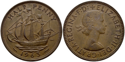 Великобритания 1/2 пенни 1963 Елизавета II (1952-2022) KM 896, Spink 4158 бронза 57-532