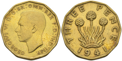 Великобритания 3 пенса 1941 Георг VI (1936-1952) KM 849, Spink 4112 никель латунь 4592-353