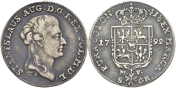 Польша 8 грошей (2 злотых) 1792 MV, Станислав II Август Понятовский (1764-1794), вес 9,28 г. KM 209.1 (C54), Kopinski 412.6b серебро 00-809-53