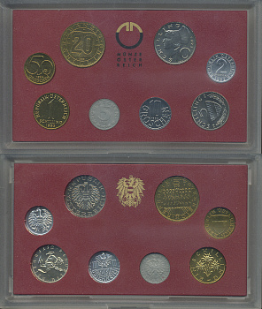 Австрия набор из 8 монет 1993 официальный набор, 2, 5, 10, 50 грошей, 1, 5, 10, 20 шиллингов, девять провинций Австрии, в пластике KM MS 2 UNC 6-6-2-10