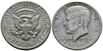 США 1/2 доллара (50 центов) 1971 D, Джон Кеннеди KM 202b медь плакированная медно-никелем 4607-635