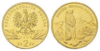 Польша 2 злотых 2006 серия всемирная природа, альпийский сурок Y 534 нордик UNC 3459-712