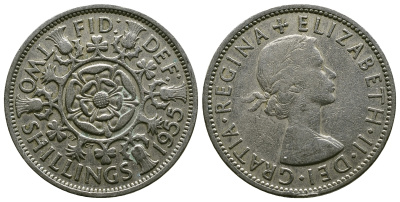 Великобритания 2 шиллинга (флорин) 1955 Елизавета II (1952-2022) KM 906, Spink 4146 медно-никель 4607-914