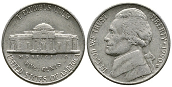 США 5 ЦЕНТОВ 1990 D, ДЖЕФЕРСОН KM А192 медно-никель 29-542